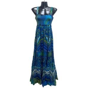 Bohemian Beachy Coastal Maxi Dress M Blue Lined Peasant Prairie Cottage Feminine
